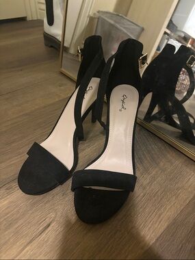 Qupid Black Suede Open-Toe Ankle Strap Heels